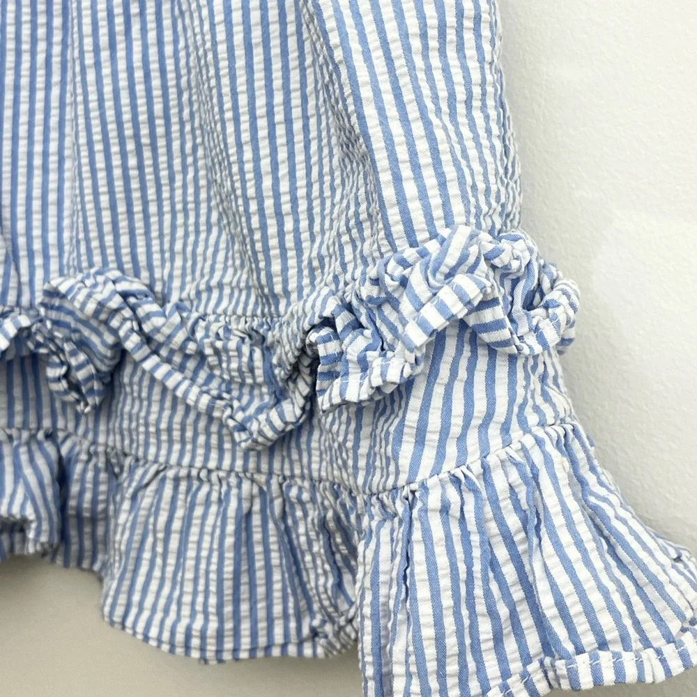 Crewcuts Girls 8 Blue White Stripe Ruffle Skirt Elastic Waist Tiered Cotton - Picture 2 of 5